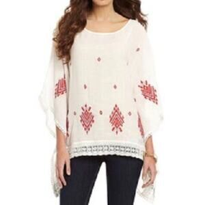 Gibson Latimer Poncho Top Women S White Red Embroider Crochet Boho Chic Festival
